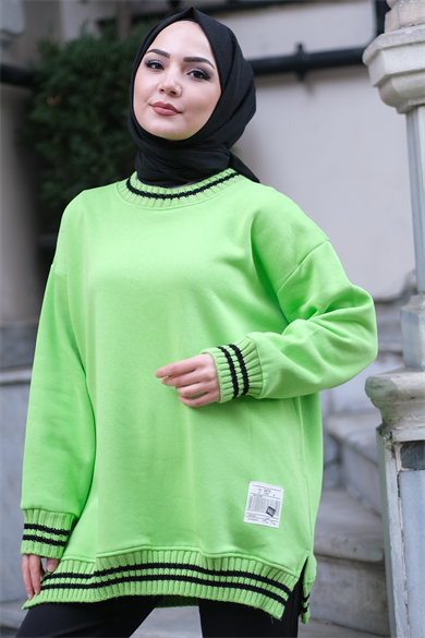 Yakası Ve Kolu Çizgili Üç İplik Tunik Yeşil
