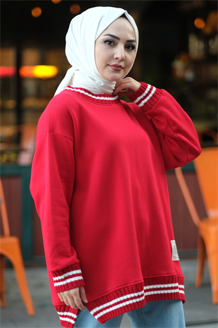 Yakası Ve Kolu Çizgili Üç İplik Tunik Kırmızı