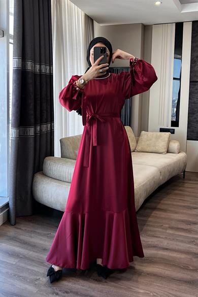 Yakası Ve Kolu Taşlı Saten Elbise Bordo