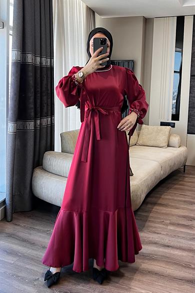 Yakası Ve Kolu Taşlı Saten Elbise Bordo