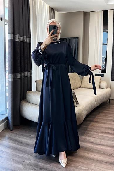 Yakası Ve Kolu Taşlı Saten Elbise Lacivert