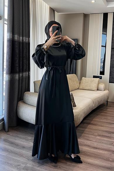 Yakası Ve Kolu Taşlı Saten Elbise Siyah