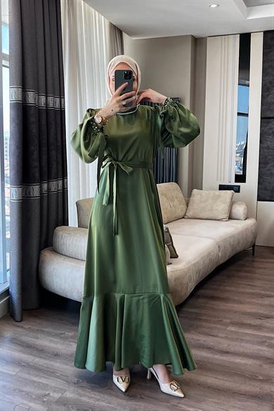 Yakası Ve Kolu Taşlı Saten Elbise Yeşil