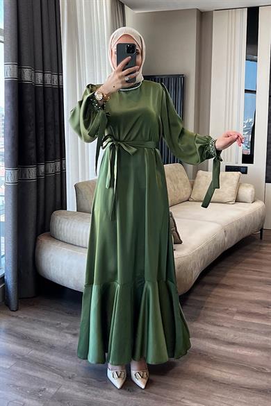 Yakası Ve Kolu Taşlı Saten Elbise Yeşil