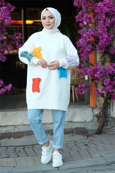 Yamalı Triko Tunik Beyaz
