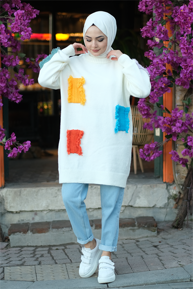 Yamalı Triko Tunik Beyaz