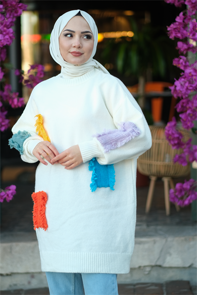Yamalı Triko Tunik Beyaz