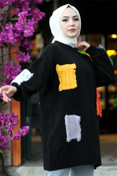 Yamalı Triko Tunik Siyah