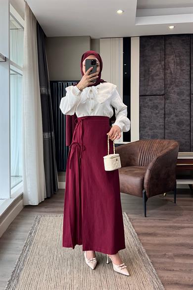 Yandan Bağlamalı Keten Etek Bordo