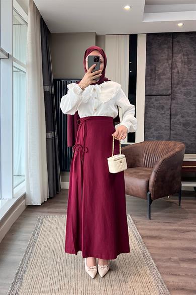Yandan Bağlamalı Keten Etek Bordo