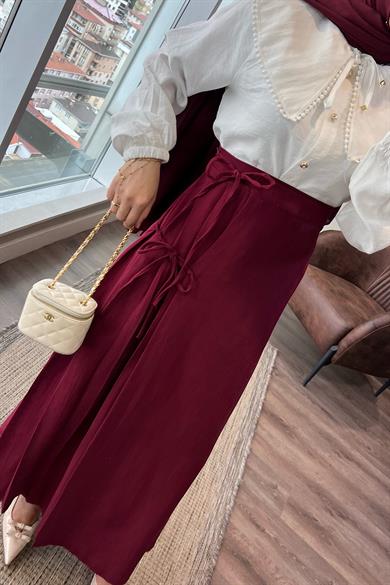 Yandan Bağlamalı Keten Etek Bordo