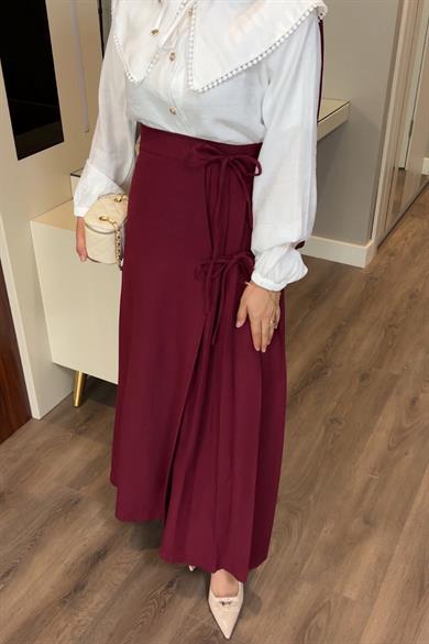 Yandan Bağlamalı Keten Etek Bordo