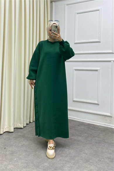 Yanı Çıtçıt Sweat Elbise Yeşil