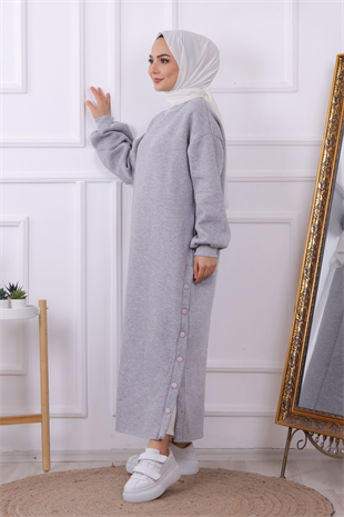 Yanı Çıtçıtlı Elbise Gri