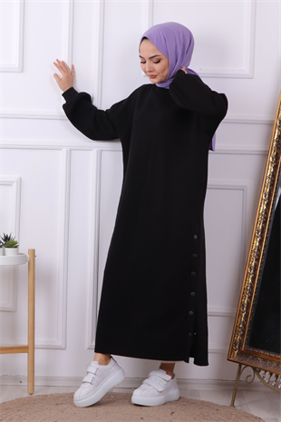 Yanı Çıtçıtlı Elbise Siyah