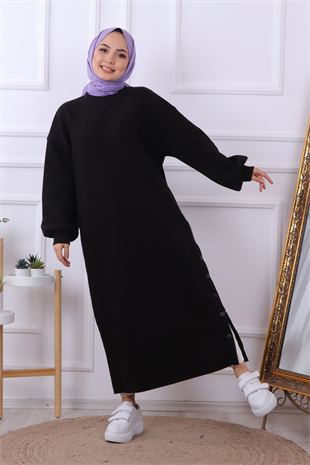 Yanı Çıtçıtlı Elbise Siyah