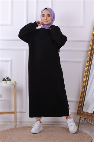 Yanı Çıtçıtlı Elbise Siyah