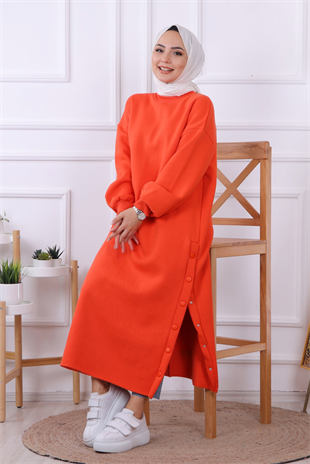 Yanı Çıtçıtlı Elbise Turuncu