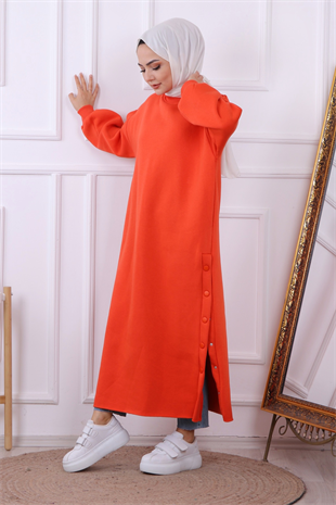 Yanı Çıtçıtlı Elbise Turuncu