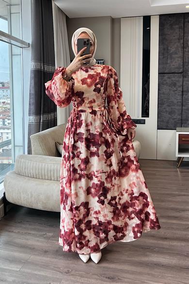 Yanları Bağcıklı Elbise Bordo 