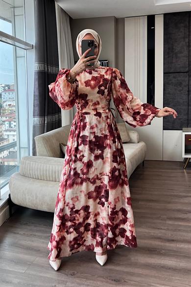 Yanları Bağcıklı Elbise Bordo 