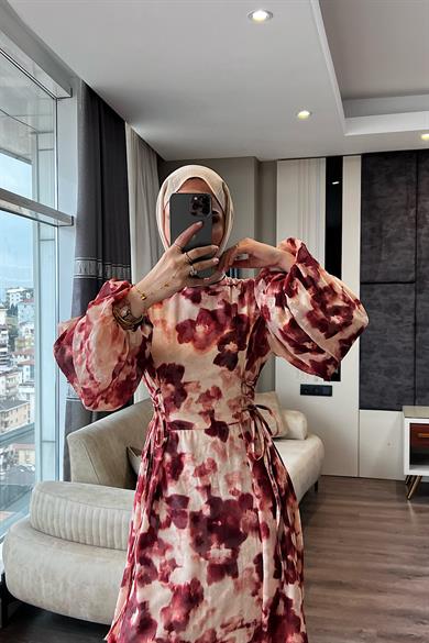 Yanları Bağcıklı Elbise Bordo 