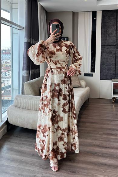 Yanları Bağcıklı Elbise Kahverengi 