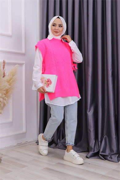 Yanları Bağcıklı Süveter Fosfor Pembe