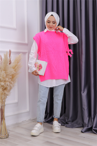 Yanları Bağcıklı Süveter Fosfor Pembe
