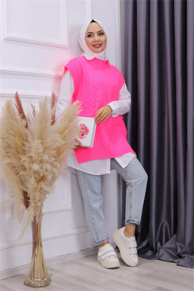 Yanları Bağcıklı Süveter Fosfor Pembe