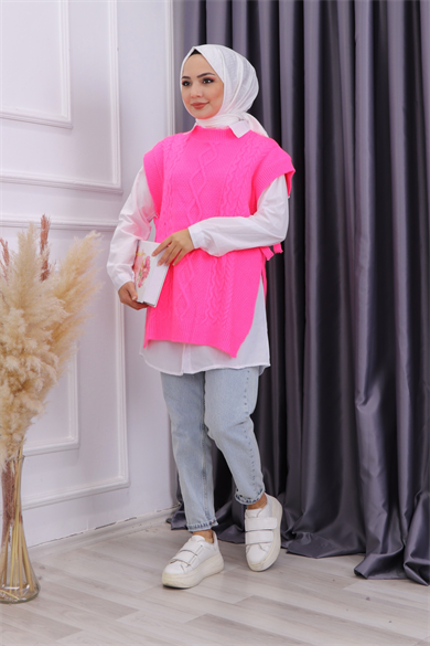 Yanları Bağcıklı Süveter Fosfor Pembe