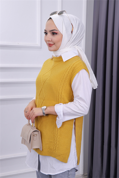 Yanları Bağcıklı Süveter Sarı