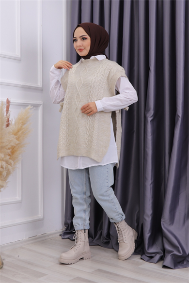 Yanları Bağcıklı Süveter Taş