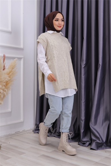 Yanları Bağcıklı Süveter Taş