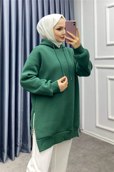 Yanları Fermuarlı Detay Üç İplik Sweat Yeşil