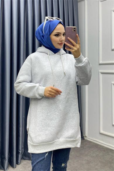 Yanları Fermuar Detaylı Üç İplik Sweat Gri