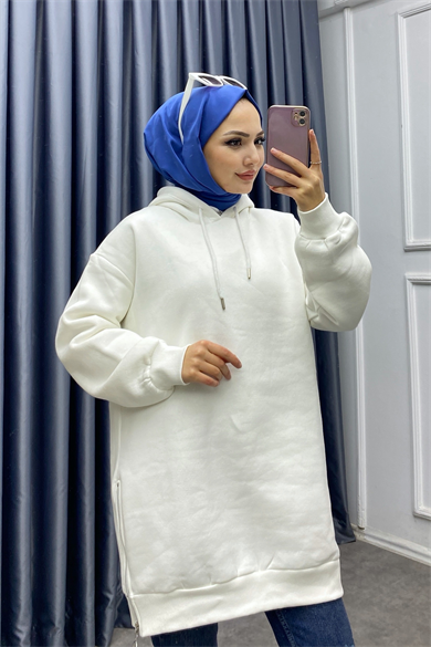 Yanları Fermuar Detaylı Üç İplik Sweat Beyaz