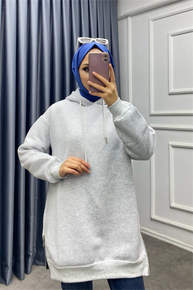 Yanları Fermuar Detaylı Üç İplik Sweat Gri