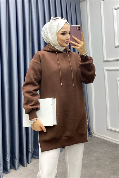 Yanları Fermuar Detaylı Üç İplik Sweat Kahverengi
