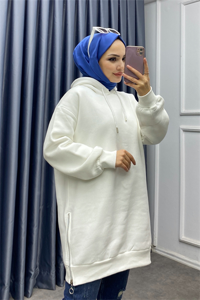 Yanları Fermuar Detaylı Üç İplik Sweat Beyaz
