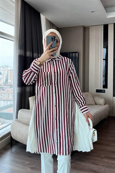 Yanları Pileli Çizgili Modal Tunik Bordo 