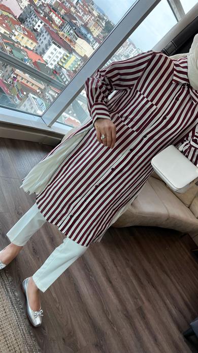 Yanları Pileli Çizgili Modal Tunik Bordo 