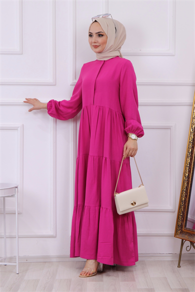 Yarı Pat Detaylı Elbise Fuşya