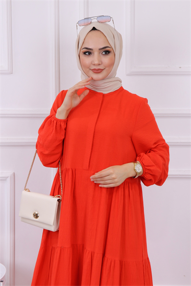 Yarı Pat Detaylı Elbise Nar Çiçeği