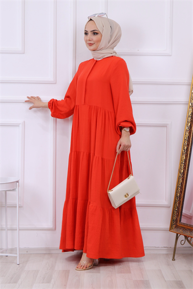 Yarı Pat Detaylı Elbise Nar Çiçeği