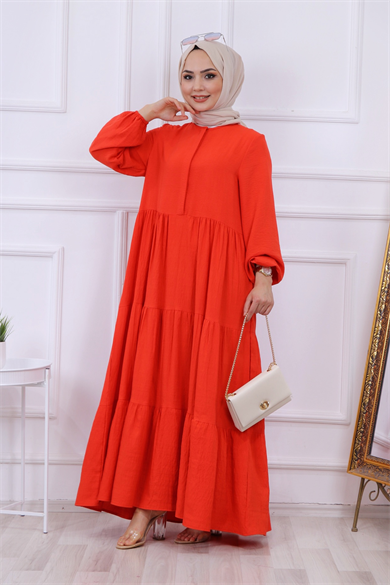 Yarı Pat Detaylı Elbise Nar Çiçeği