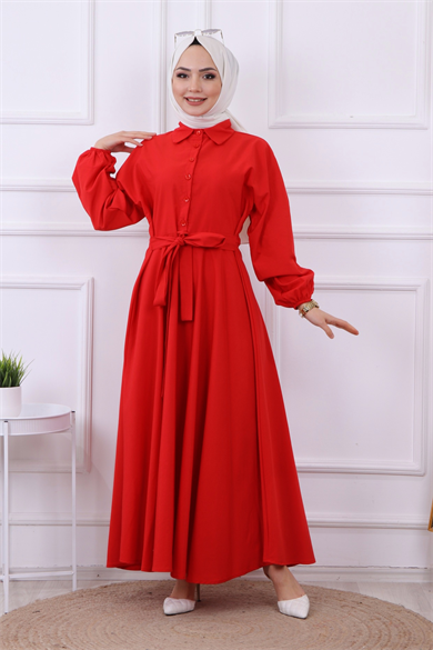 Yarıya Kadar Düğme Detaylı Elbise Kırmızı