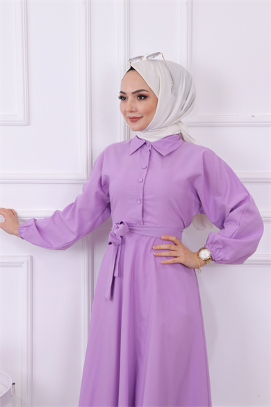 Yarıya Kadar Düğme Detaylı Elbise Lila