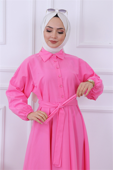 Yarıya Kadar Düğme Detaylı Elbise Pembe