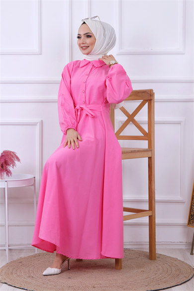 Yarıya Kadar Düğme Detaylı Elbise Pembe